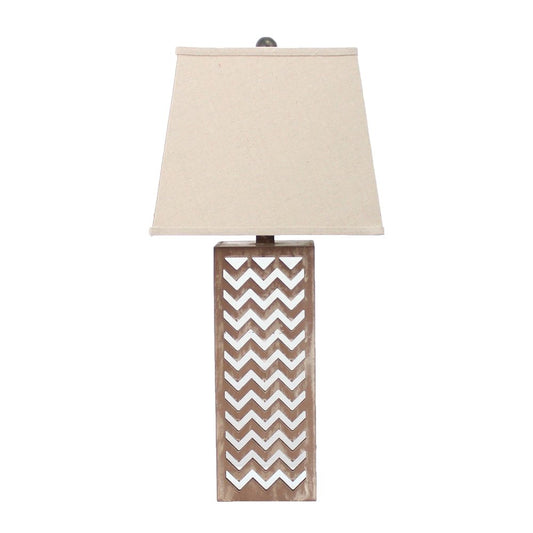 28" Distressed Natural And Silver Metal Bedside Lamp With Beige Cone Shade