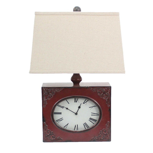 22" Distressed Red Metal Bedside Lamp With Beige Shade