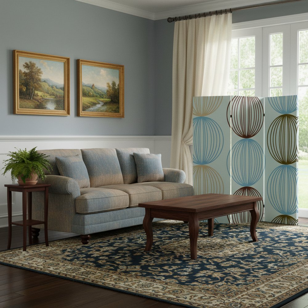 72" Blue Canvas Folding Three Panel Screen Room Divider