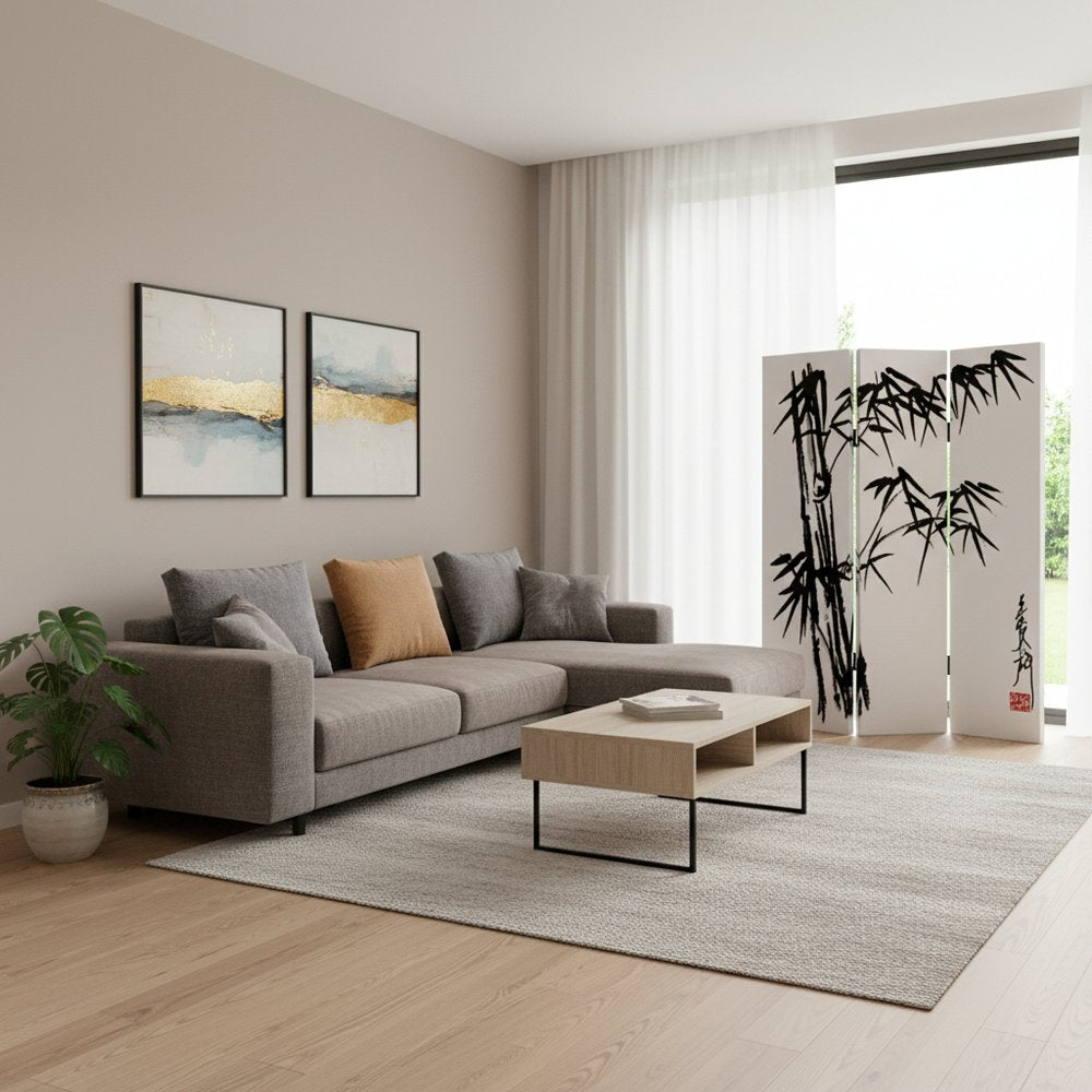 72" Black And White Canvas Folding Three Panel Screen Room Divider