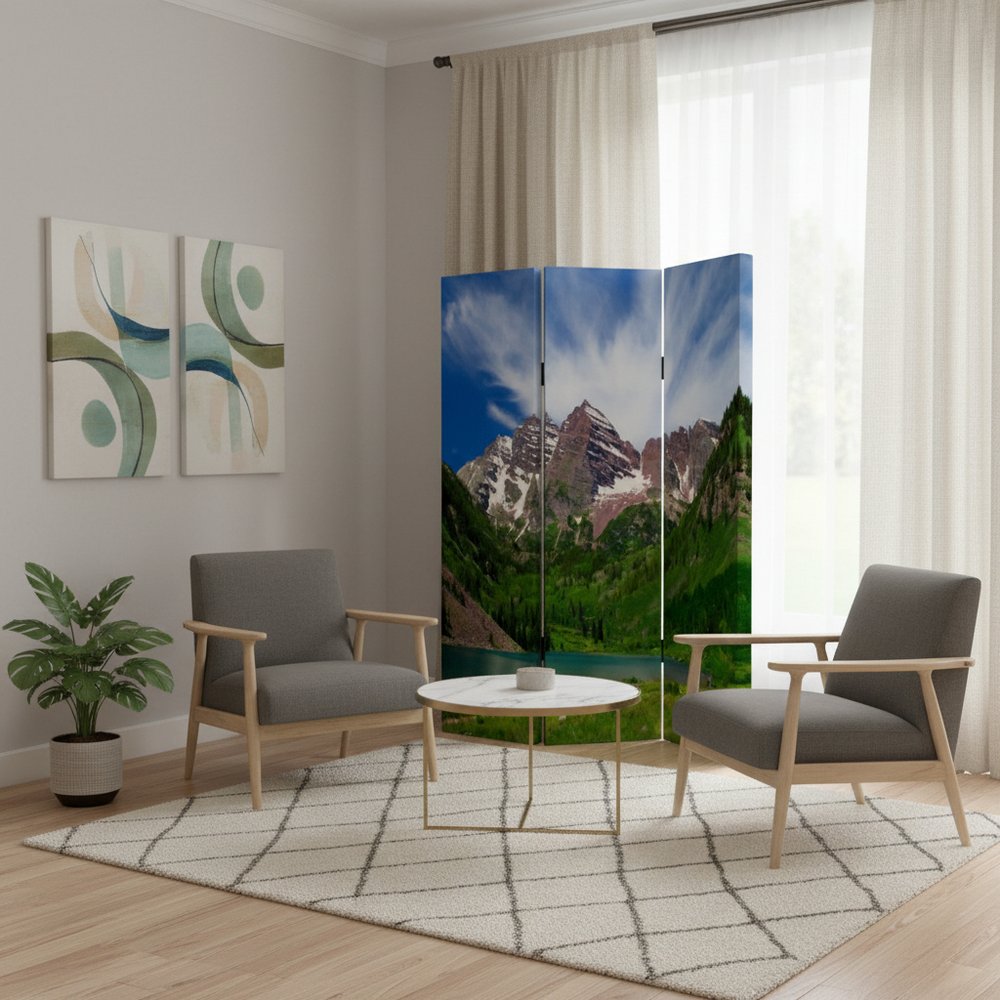 72" Blue And Green Canvas Folding Three Panel Screen Room Divider