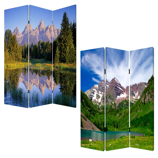 72" Blue And Green Canvas Folding Three Panel Screen Room Divider