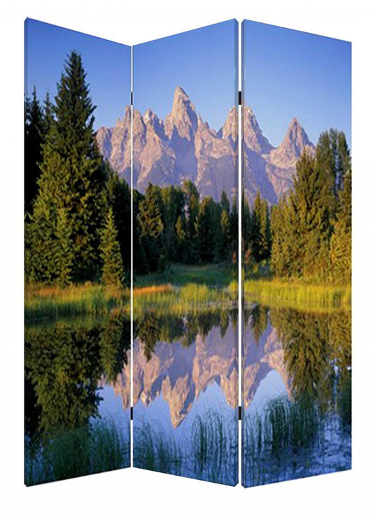 72" Blue And Green Canvas Folding Three Panel Screen Room Divider