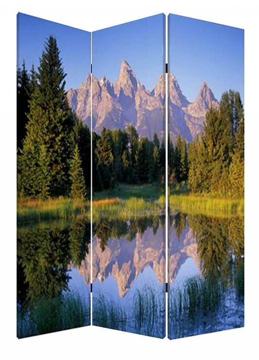 72" Blue And Green Canvas Folding Three Panel Screen Room Divider