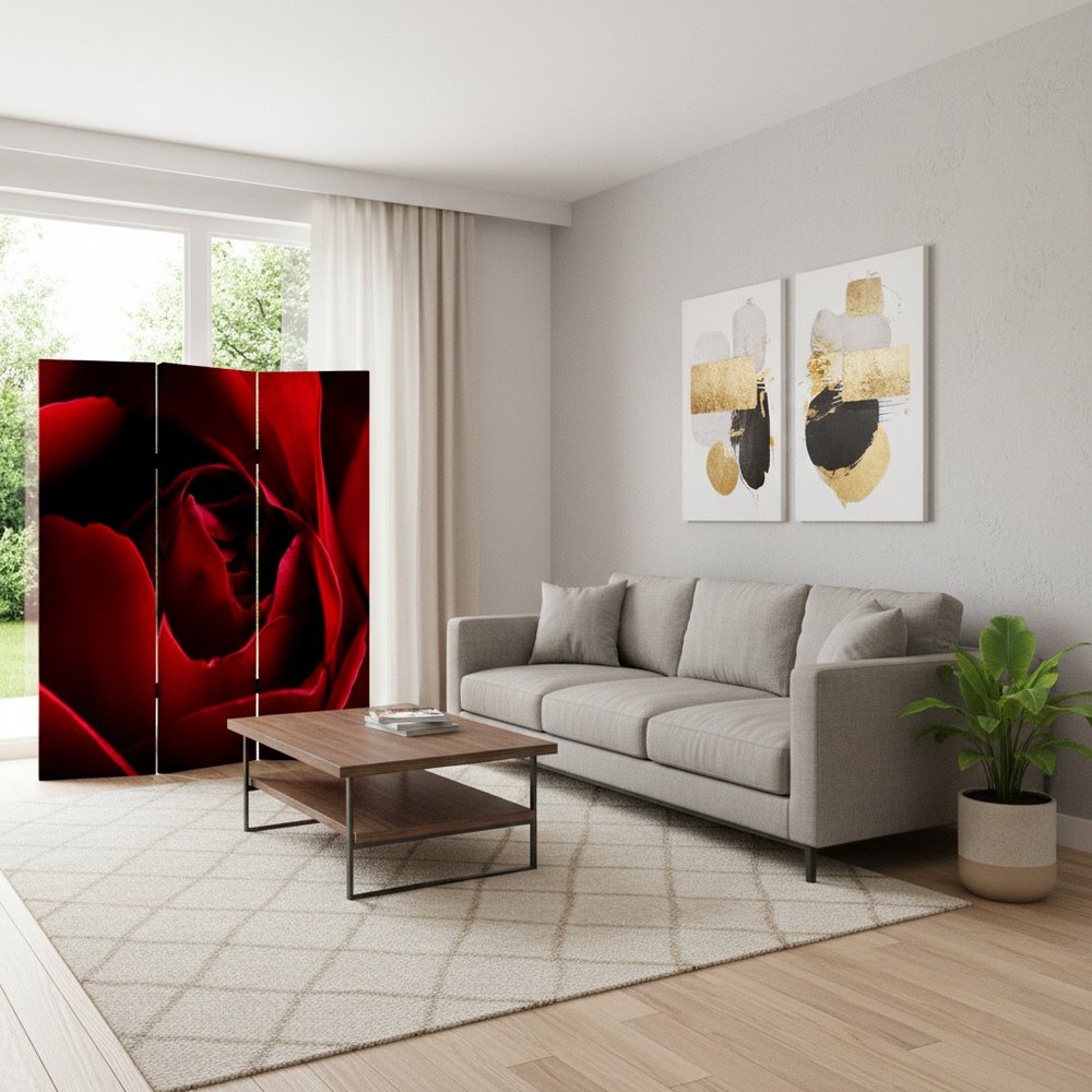 72" Red Canvas Folding Three Panel Screen Room Divider