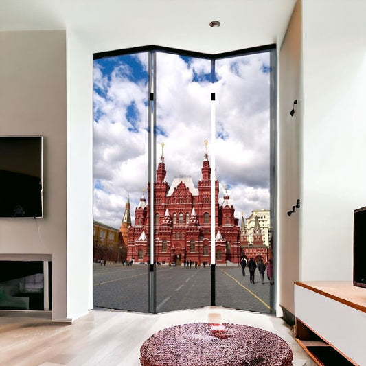 48" X 72" Red Blue and White Wood Canvas Russia Screen