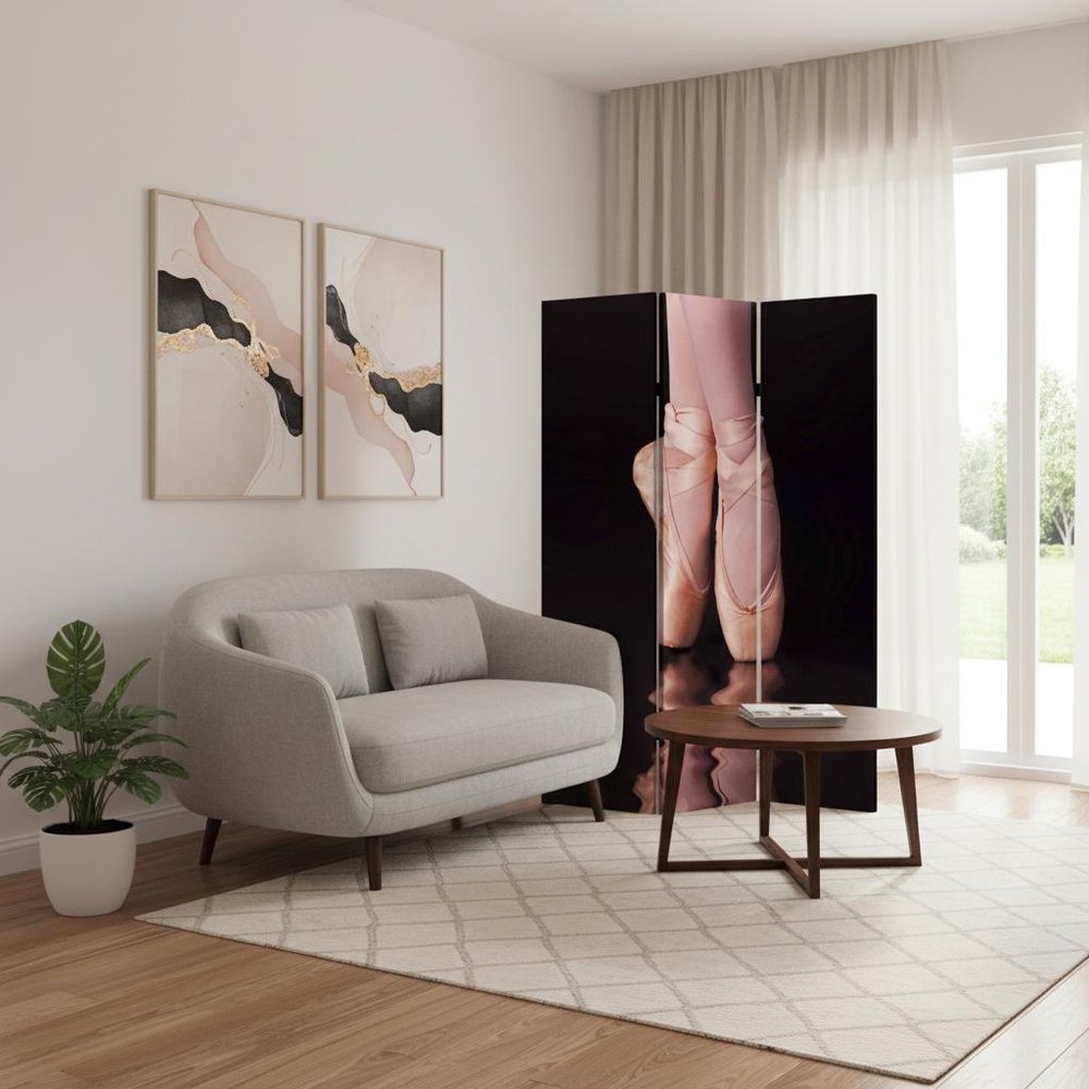72" Black Canvas Folding Three Panel Screen Room Divider