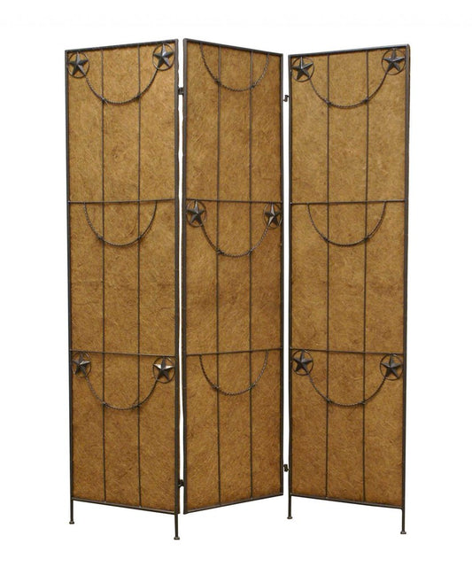 72" Brown Iron Folding Three Panel Screen Room Divider