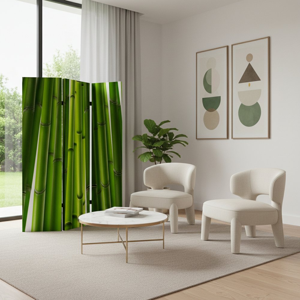 72" Green Canvas Folding Three Panel Screen Room Divider