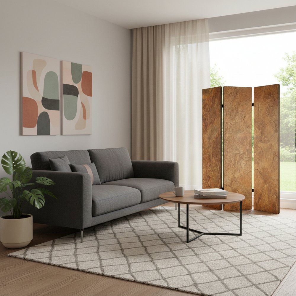 72" Brown Canvas Folding Three Panel Screen Room Divider