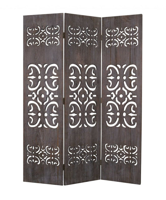 67" Brown Wood Folding Three Panel Screen Room Divider