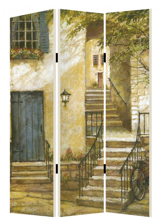 72" Beige Canvas Folding Three Panel Screen Room Divider