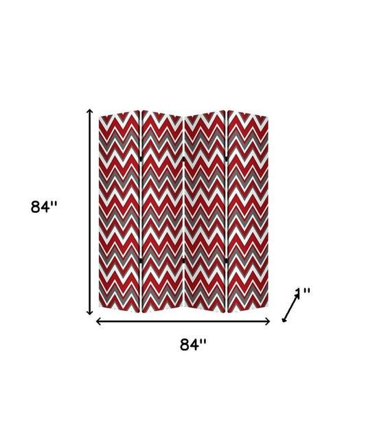 84" Red And Gray Canvas Folding Four Panel Screen Room Divider