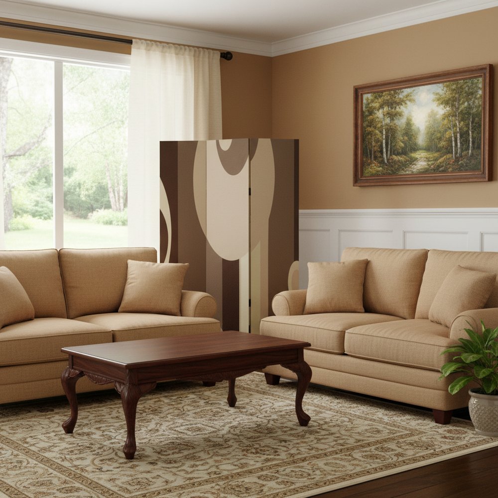 72" Brown Canvas Folding Three Panel Screen Room Divider