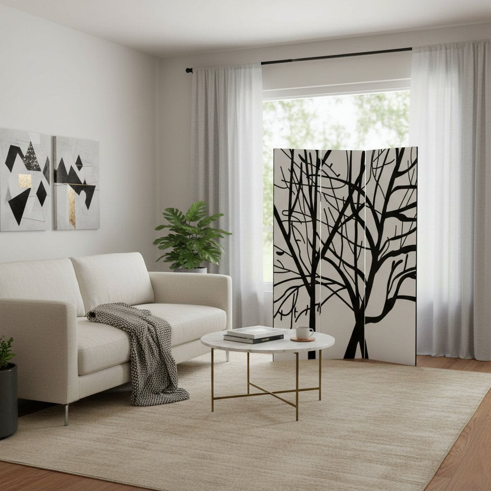 72" Black And White Canvas Folding Three Panel Screen Room Divider