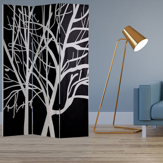 72" Black And White Canvas Folding Three Panel Screen Room Divider