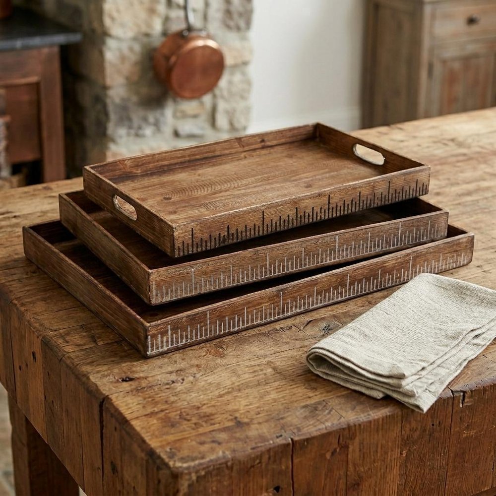 Set of Three Brown Wood Nesting Serving Trays