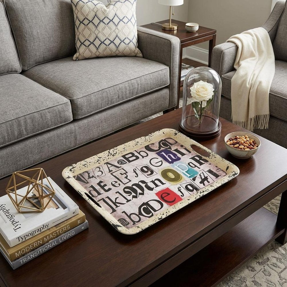 20" White Black Gold and Red Metal Abstract Serving Tray