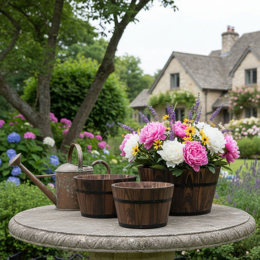 Set of Three Brown Solid Wood Round Pot Planter