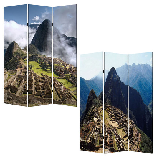 72" Blue And Green Canvas Folding Three Panel Screen Room Divider