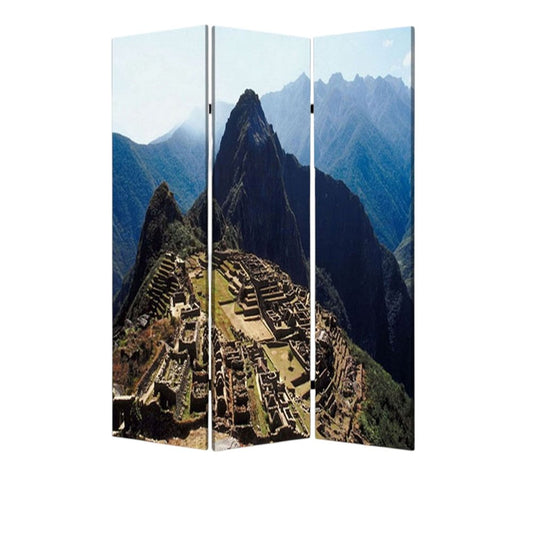 48" X 72" Multi Color Wood Canvas Machu Picchu Screen