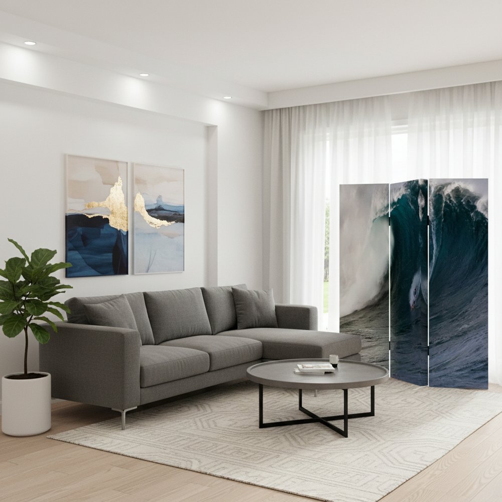 72" Blue And White Canvas Folding Three Panel Screen Room Divider