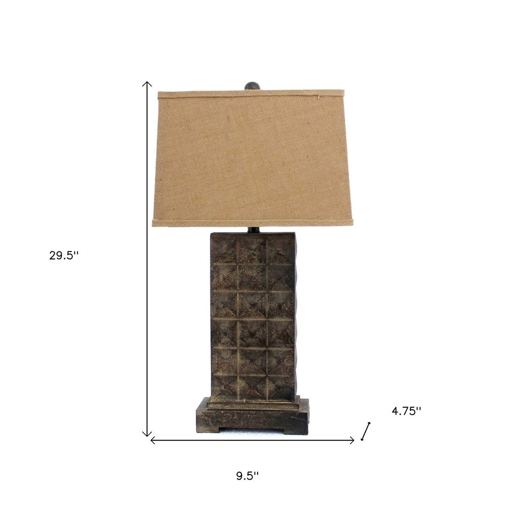 30" Distressed Bronze Metal Bedside Lamp With Khaki Shade