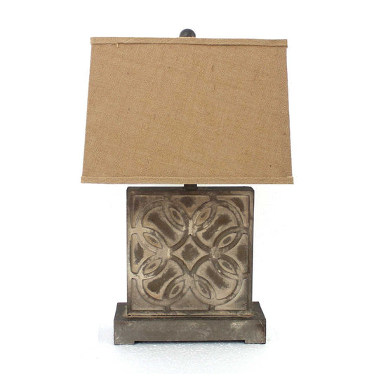 25" Distressed Brown Metal Bedside Lamp With Khaki Shade