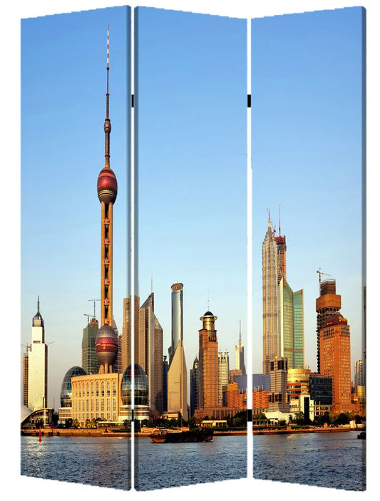 72" Blue Reversible China Cityscape Canvas Folding Three Panel Screen Room Divider