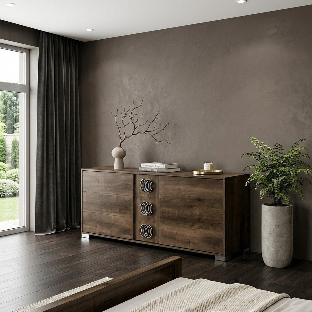 66" Brown Wood Three Drawer Double Dresser