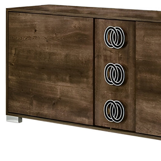 66" Brown Wood Three Drawer Double Dresser