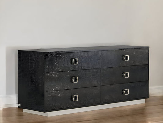 63" Black Six Drawer Shagreen Faux Croc Double Dresser
