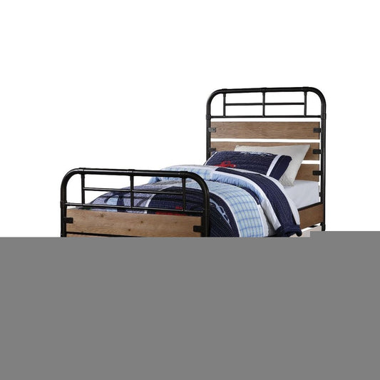 Black And Oak Shiplap Texture Wood and Metal Twin Bed Frame