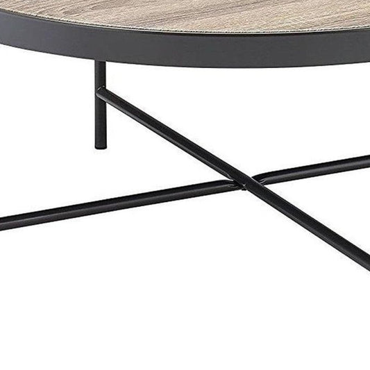 32" Brown and Black Wood And Iron Round Coffee Table