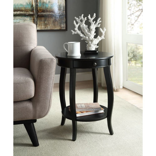 24" Black Wood Round End Table With Drawer And Shelf