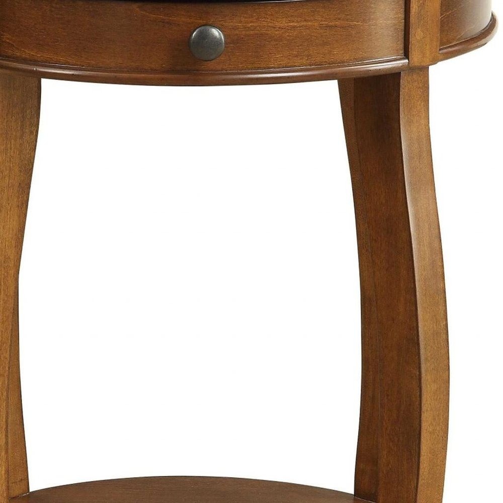 24" Black Wood Round End Table With Drawer And Shelf