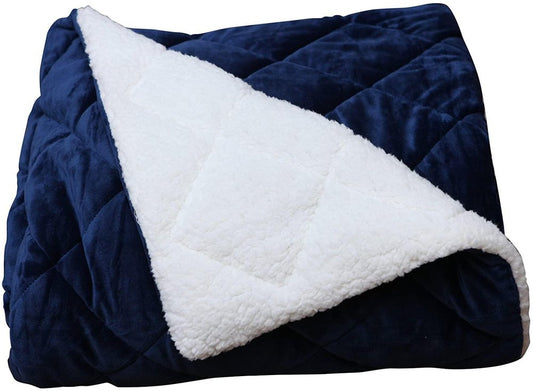 60" X 80" Navy Blue Fleece And Microfiber Quilted Plush Throw Blanket