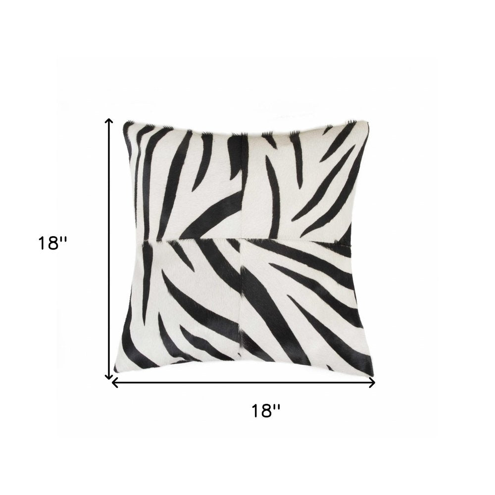 18" Black and White Zebra Print Cowhide Throw Pillow