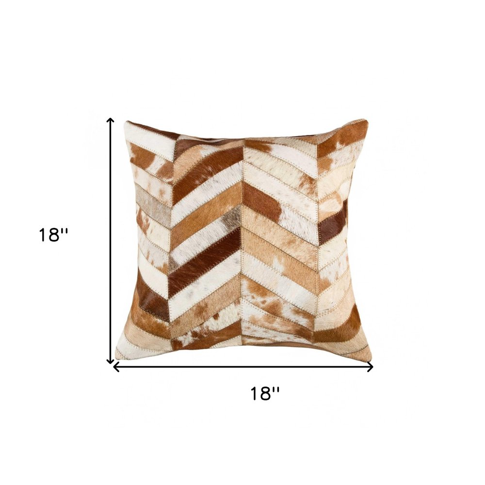18" Brown And White Cowhide Throw Pillow