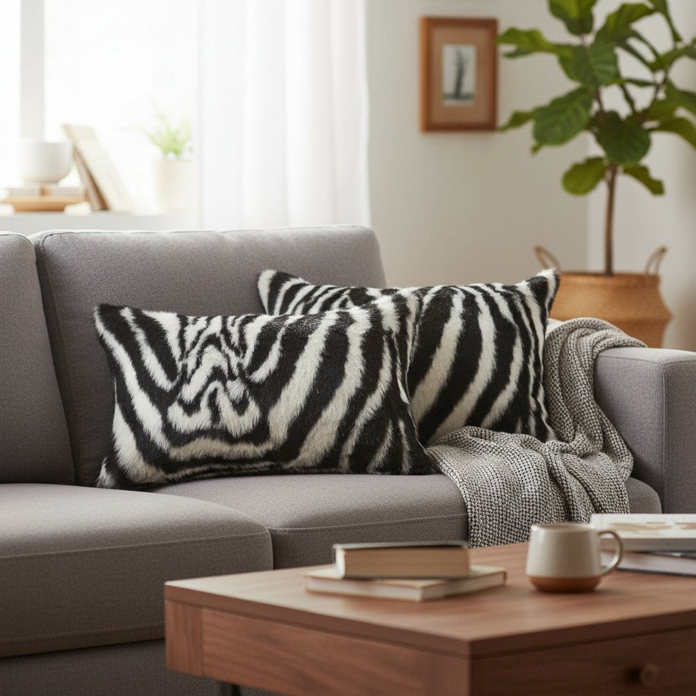 Set of Two 12" X 20" Black and White Faux Fur Throw Pillow