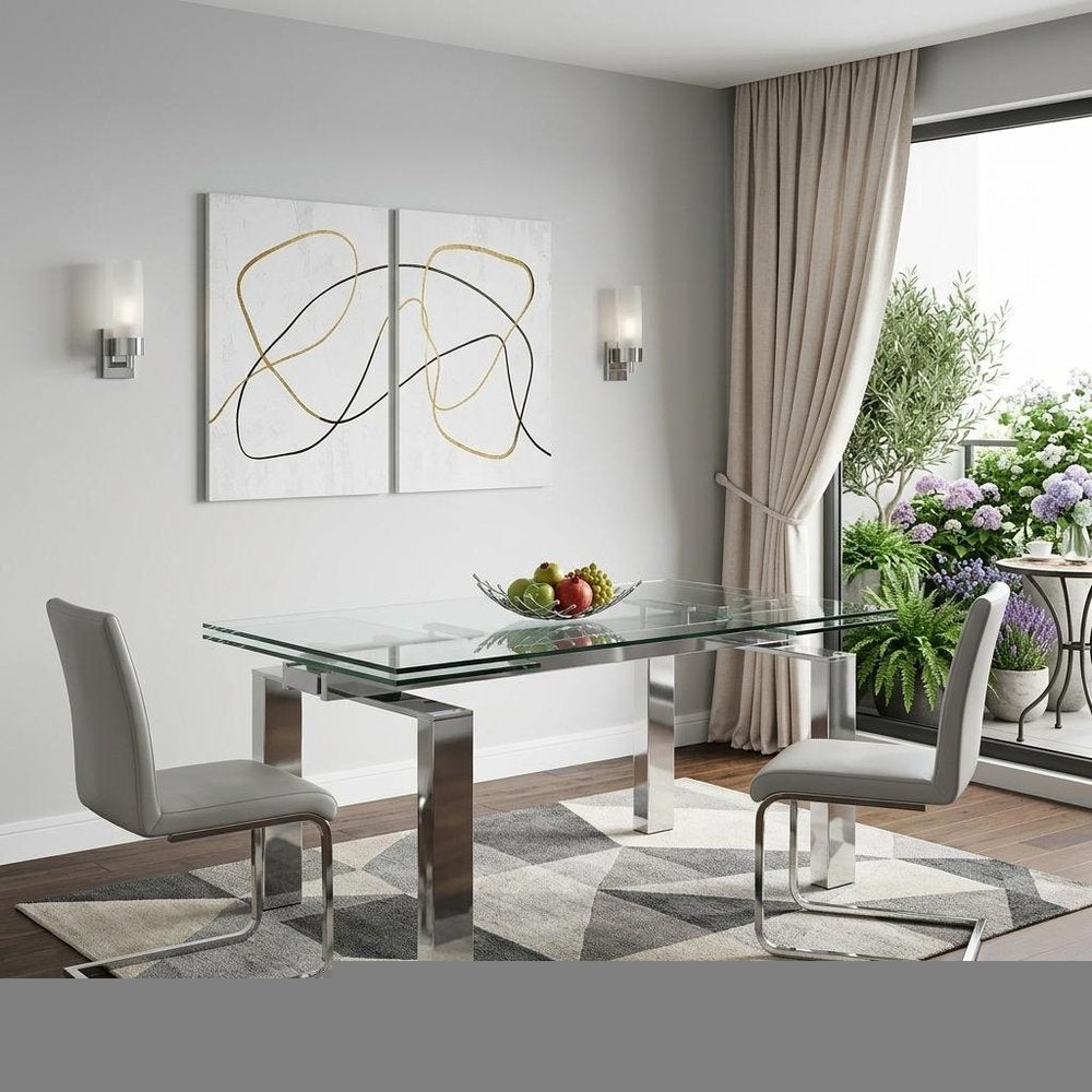 63" Clear and Silver Glass and Stainless Steel Self-Storing Leaf Dining Table