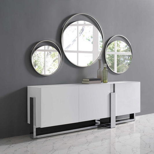 91" White Glass and Stainless Steel Frame Console Table