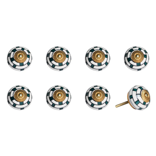 Set of Eight Green White And Gold Geometric Ceramic Drawer Pull Knobs