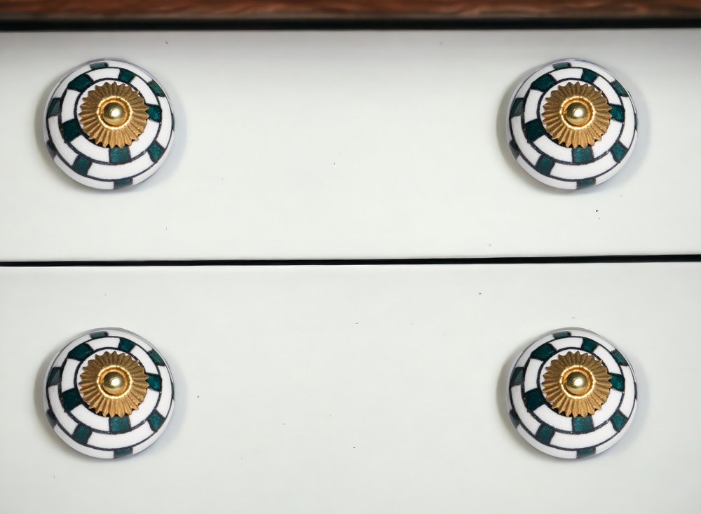 Set of Eight Green White And Gold Geometric Ceramic Drawer Pull Knobs