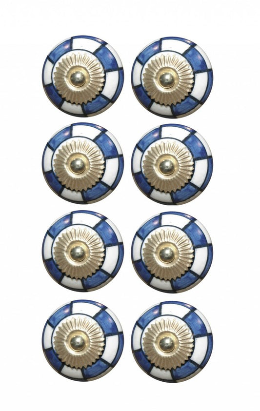 Set of Eight Blue White And Gold Geometric Ceramic Drawer Pull Knobs
