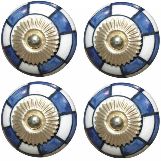 Set of Eight Blue White And Gold Geometric Ceramic Drawer Pull Knobs