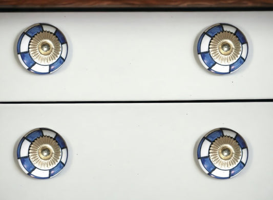 Set of Eight Blue White And Gold Geometric Ceramic Drawer Pull Knobs