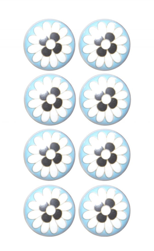 Set of Eight Blue White And Black Floral Ceramic Drawer Pull Knobs