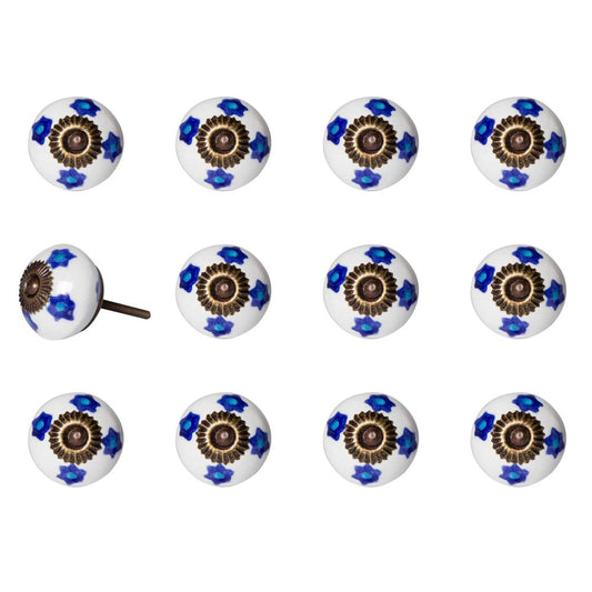 Set of Twelve Blue White And Turquoise Floral Ceramic Drawer Pull Knobs