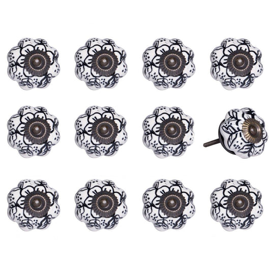 Set of Twelve Black And White Floral Ceramic Drawer Pull Knobs